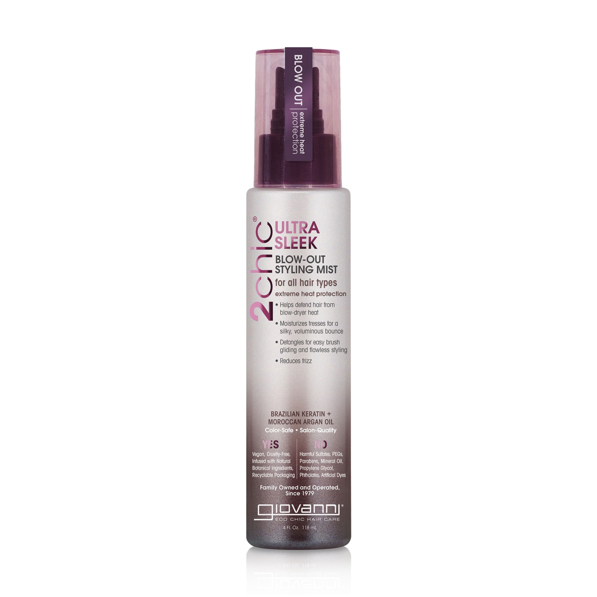 Термозахисний спрей Giovanni 2chic Ultra-Sleek Blow Out Styling Mist для всіх типів волосся, з аргановою олією та бразильским кератином, 118 мл